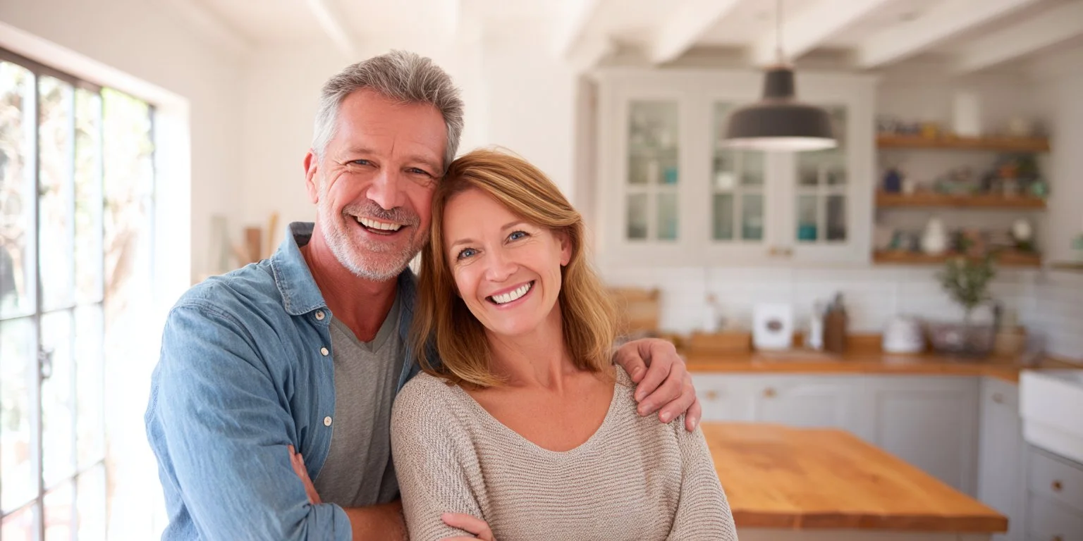 Happy mature couple at home enjoying financial freedom after a Bear Loan debt consolidation loan