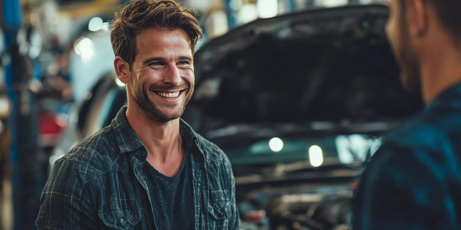 Man at auto repair shop getting his car fixed with an emergency cash advance loan from Bear Loan