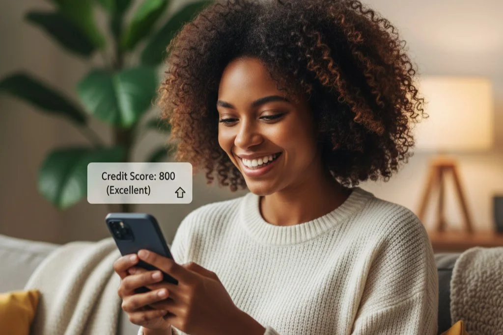 How to improve your credit score — happy woman viewing her excellent 800 credit score on mobile phone