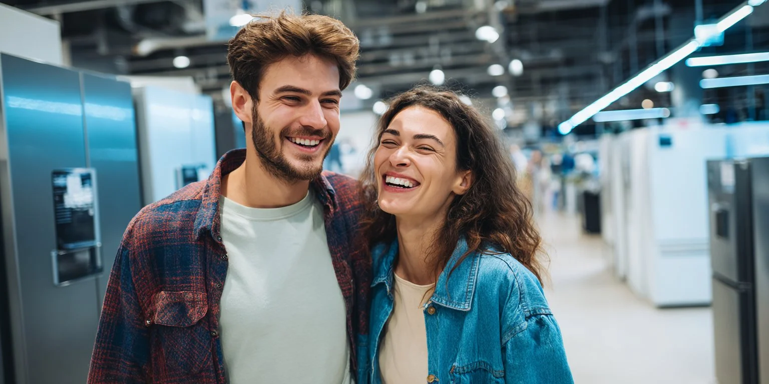 Happy young couple shopping for home appliances, funded by a Bear Loan personal installment loan